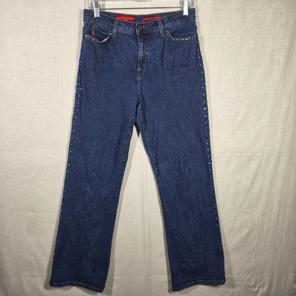 NYDJ Tummy Tuck Jeans Womens 8 Straight Leg Dark Wash Rhinestone Embellished